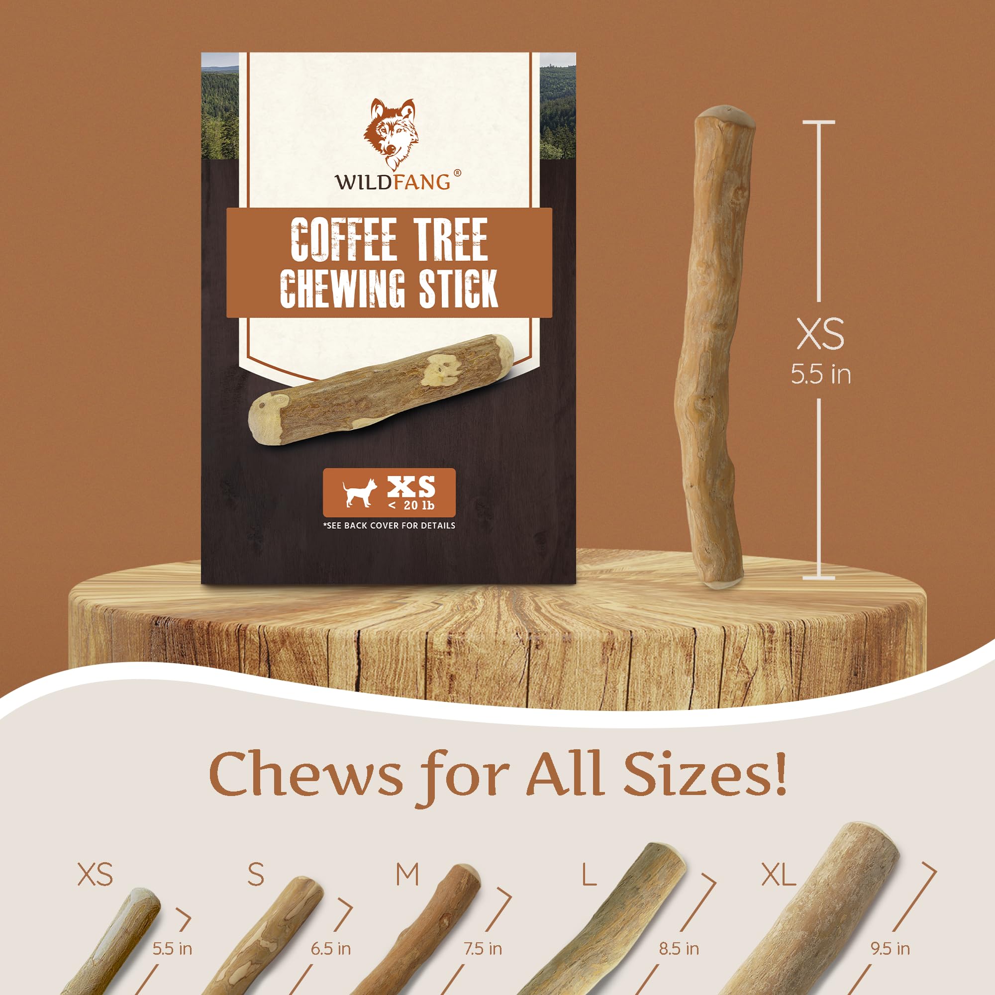 Wildfang Coffee Wood Dog Chew XS dental-action demonstrates natural gum care during chewing.