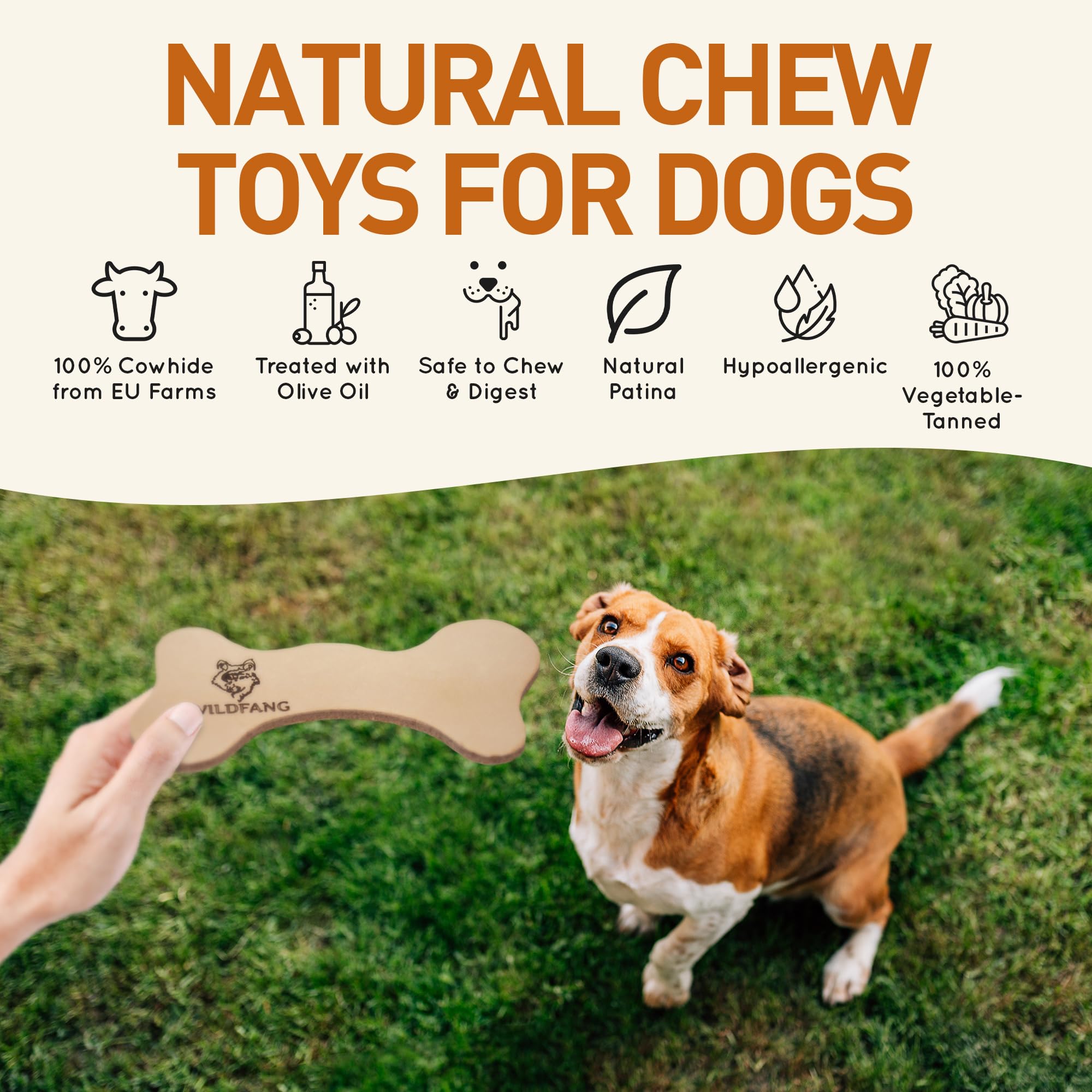 Wildfang leather dog toy large puppy-teething image points to sore-gum relief potential.