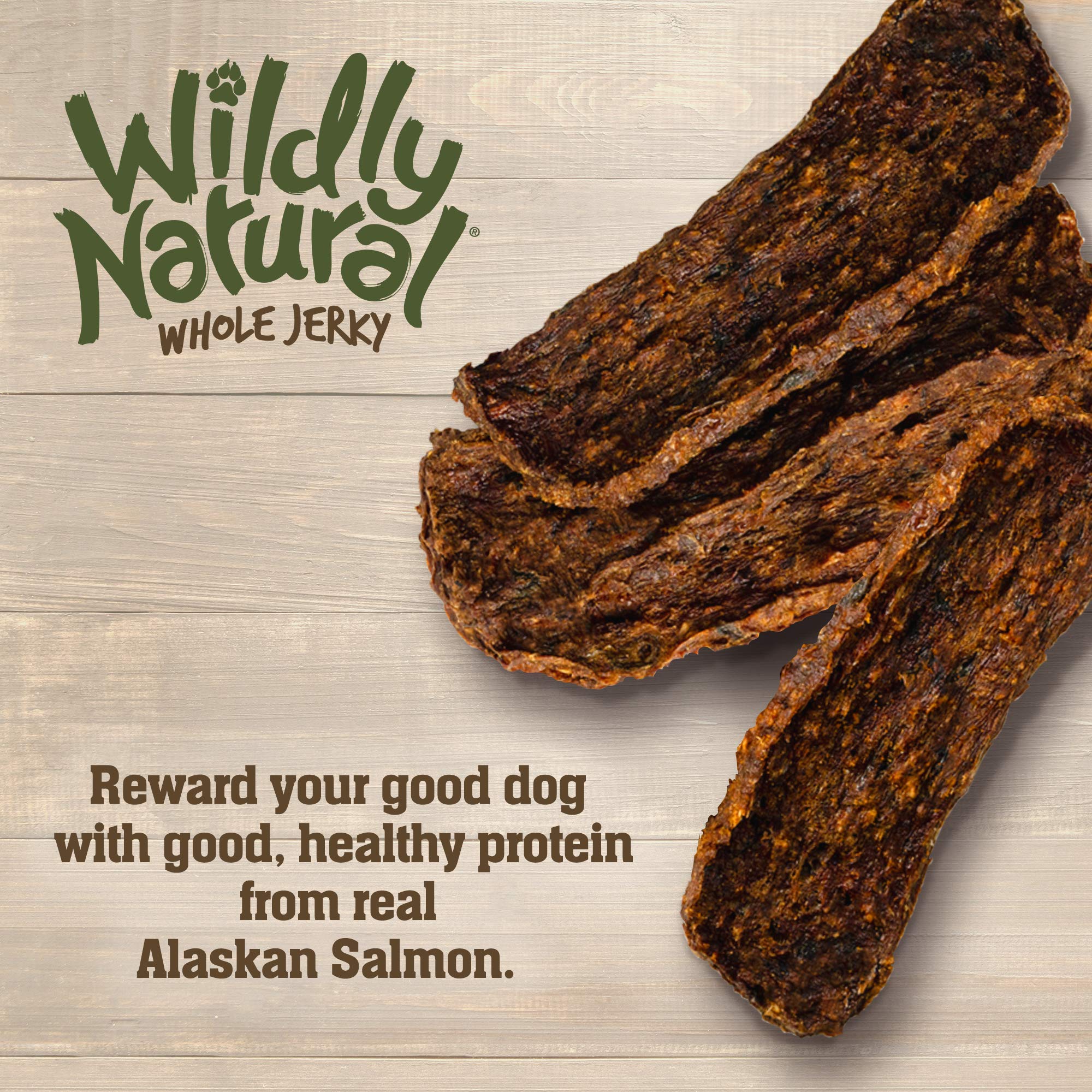 Wildly Natural Whole Jerky closeup highlights savory salmon aroma and chewy texture.