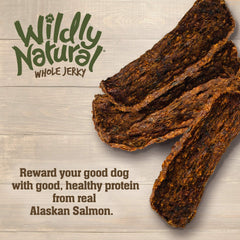 Wildly Natural Whole Jerky closeup highlights savory salmon aroma and chewy texture.