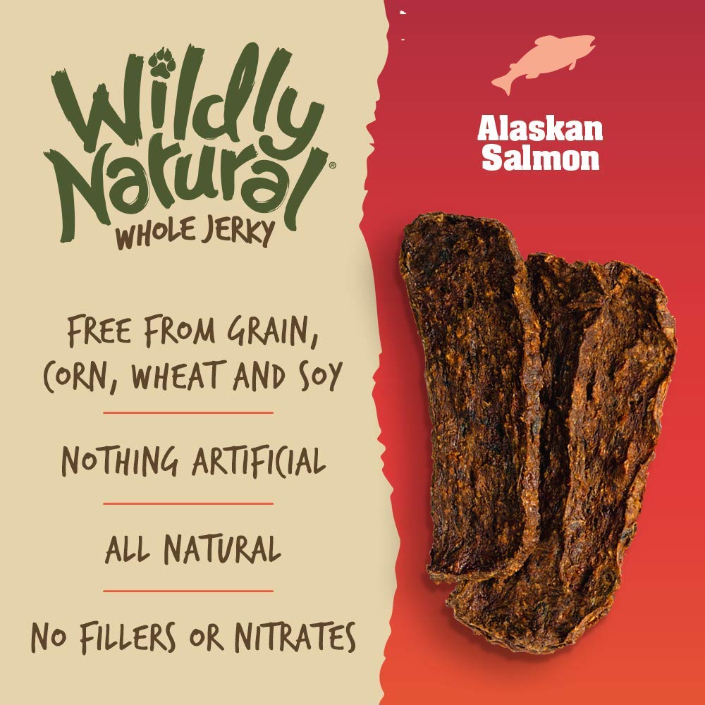 Wildly Natural Whole Jerky grain-free label signals allergy-friendly choice for dogs.
