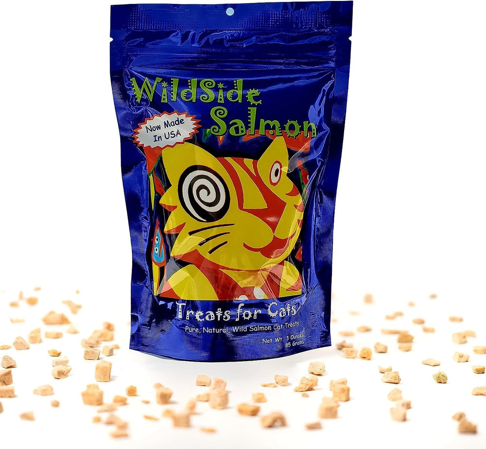 WildSideSalmon cat enjoying treat on plate, ideal additive.