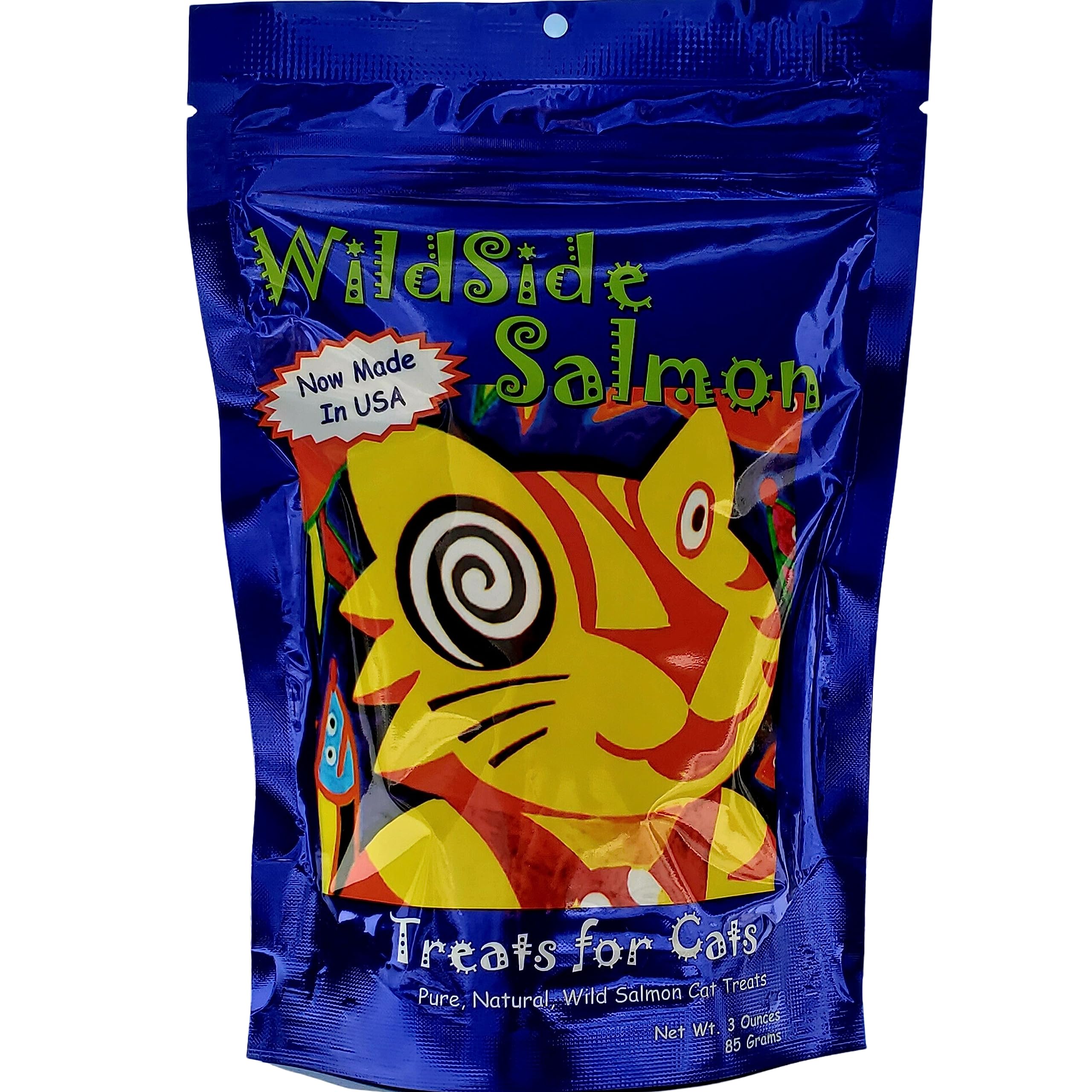 WildSideSalmon cat treats 3oz packaging—premium wild-caught salmon for a healthy coat.