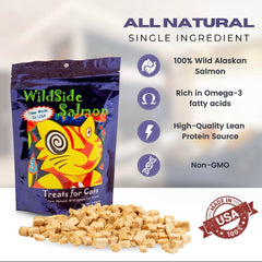 WildSideSalmon cat treats label—made in the USA from Alaskan salmon.
