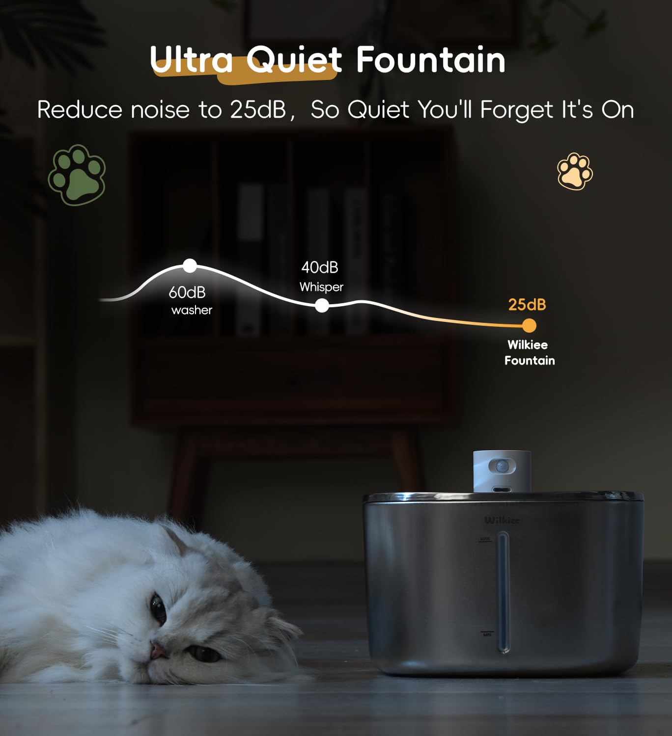 WILKIEE cat fountain large capacity label indicates 4.1 liter reservoir for two cats