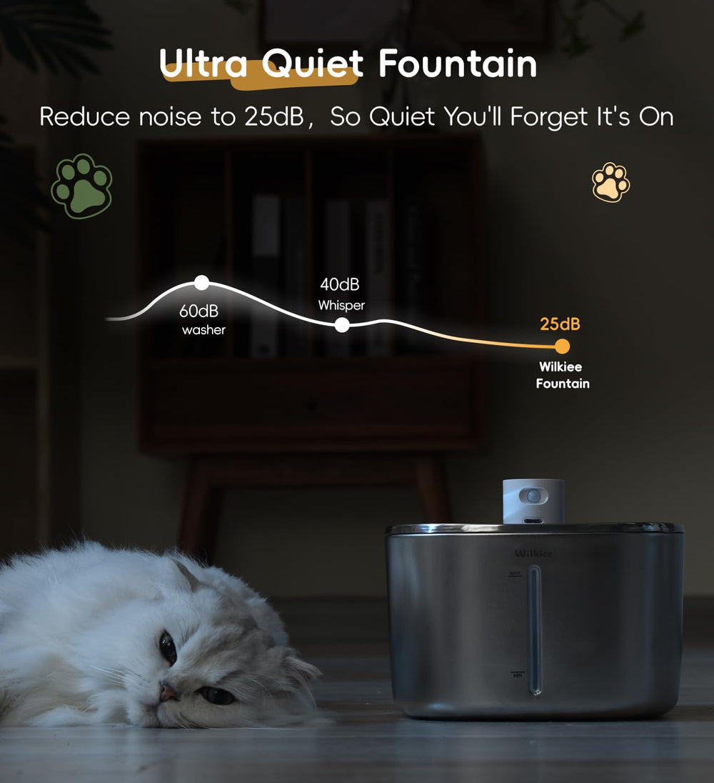 WILKIEE cat fountain large capacity label indicates 4.1 liter reservoir for two cats