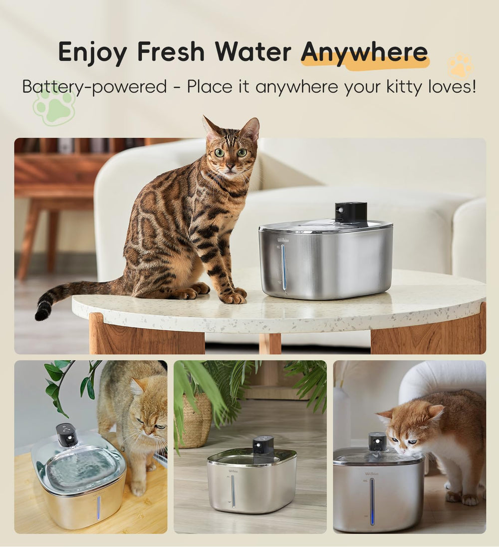 WILKIEE cat water fountain battery compartment, showcasing wireless placement flexibility.