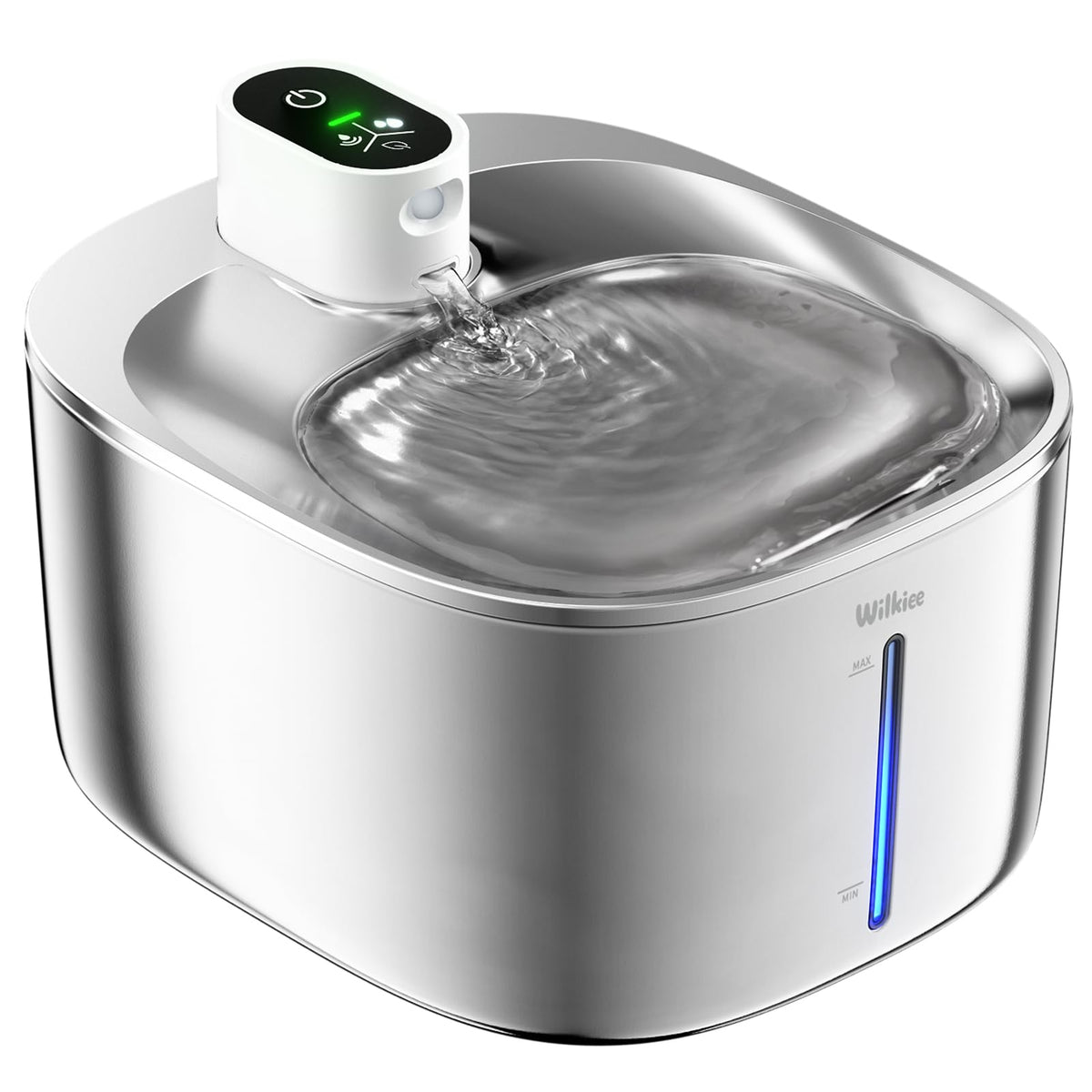 WILKIEE cat water fountain front view highlights stainless steel build and 4.1L capacity for multiple pets