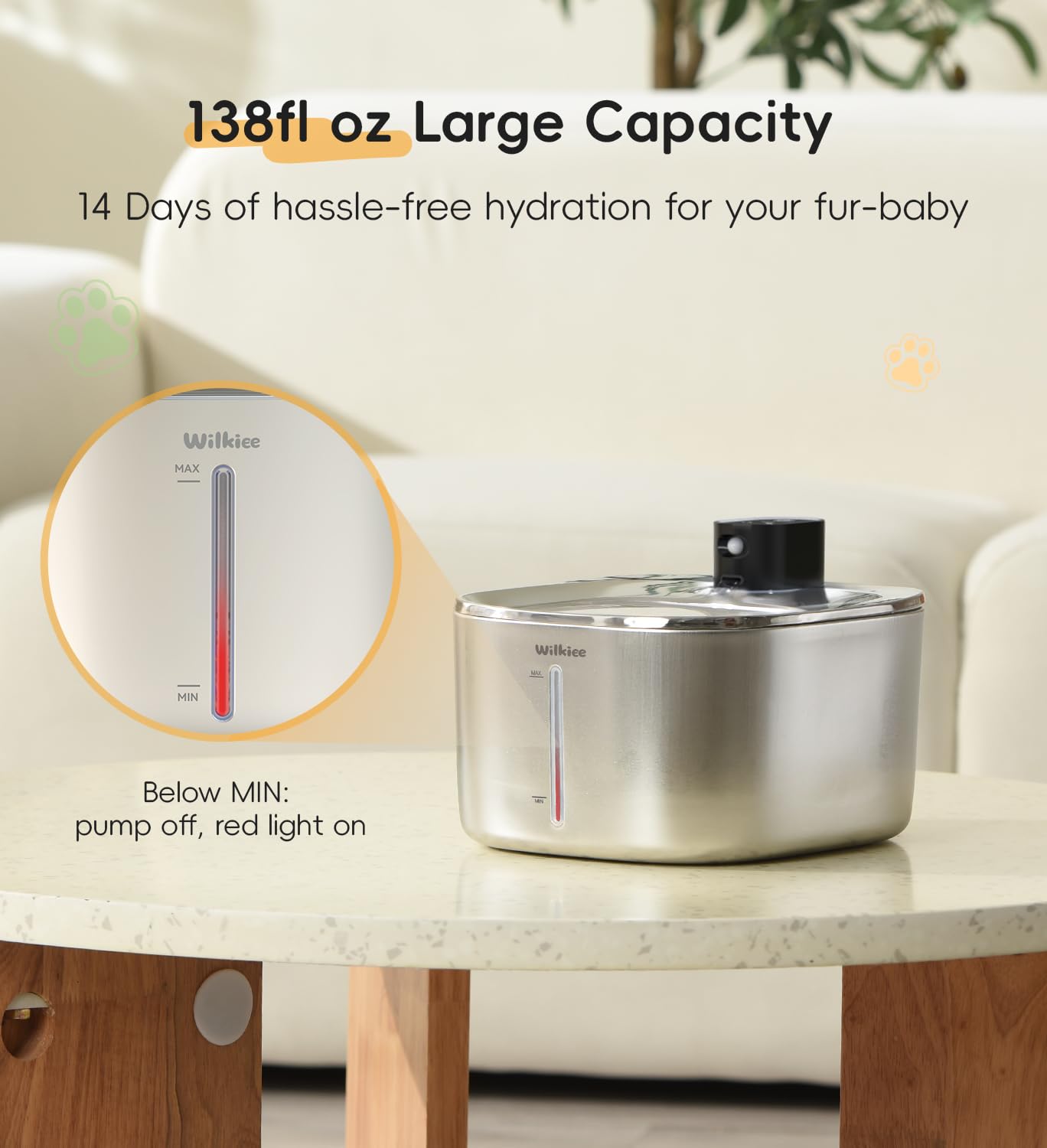 WILKIEE cat water fountain low-water indicator for easy refills.