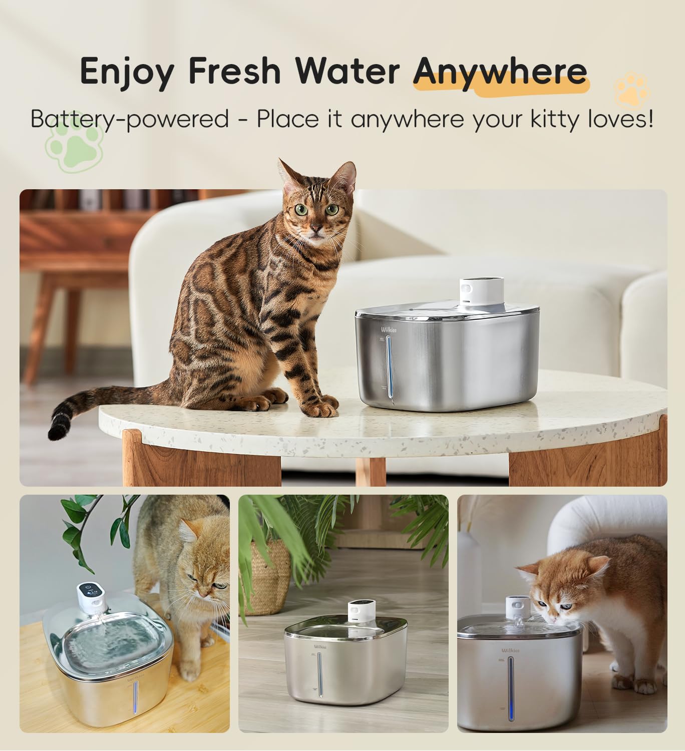 WILKIEE cat water fountain top view shows compact wireless design for flexible placement