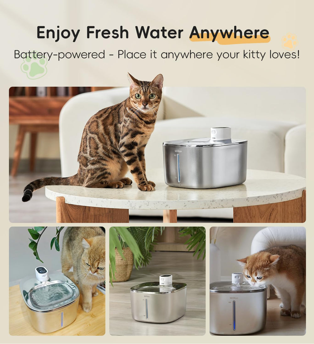 WILKIEE cat water fountain top view shows compact wireless design for flexible placement