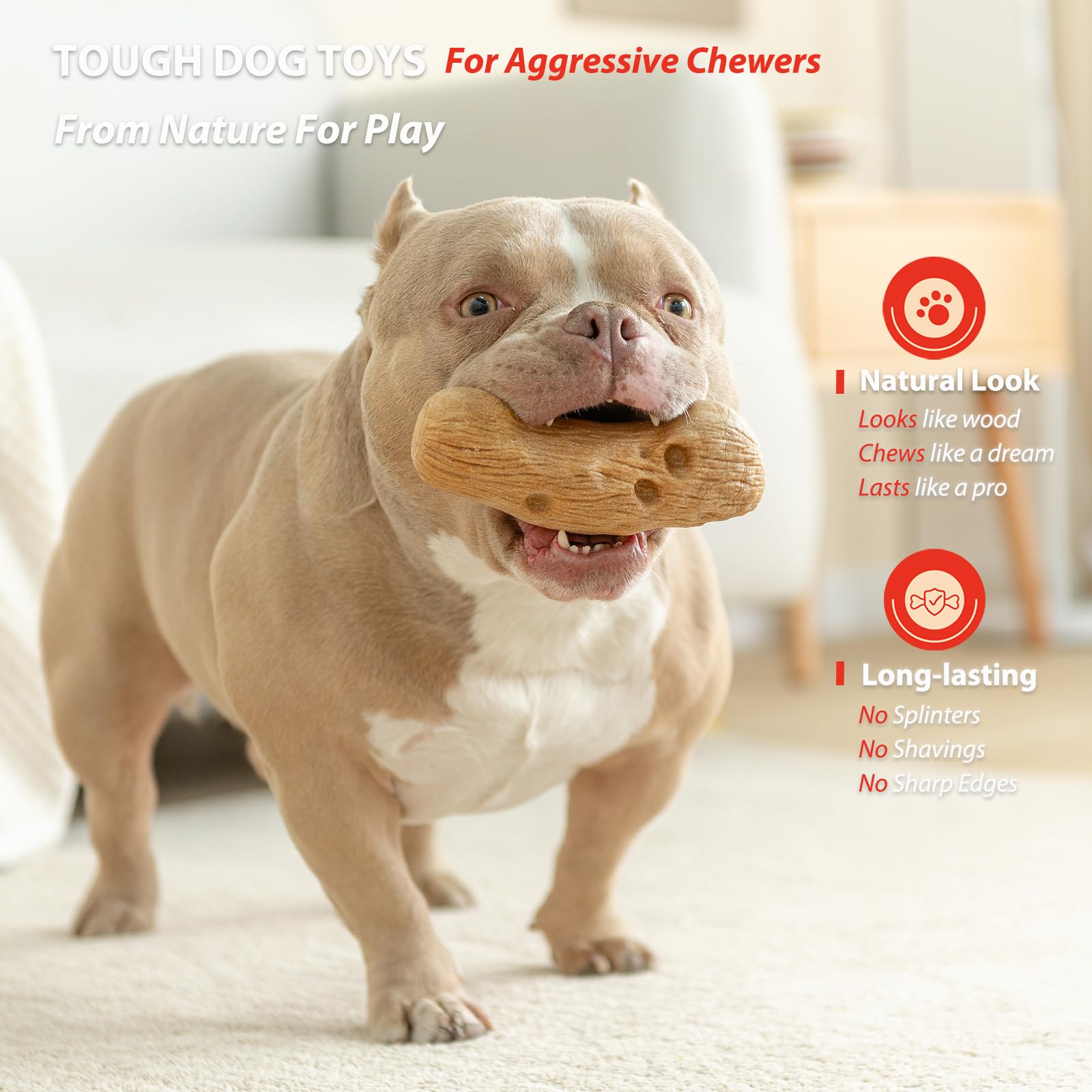 Willjoy pine wood and nylon chew toy close-up shows rugged texture for hard chewers.