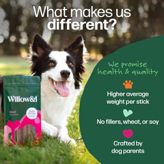 Willow & I bully sticks 6inch closeup highlights single-ingredient beef for simple, natural chewing.