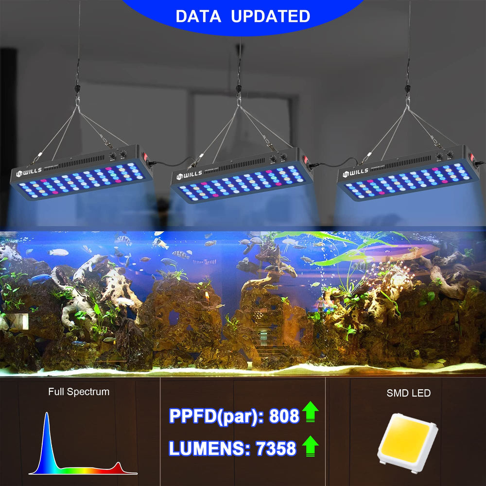 WILLS Full Spectrum Aquarium Light daisy-chain setup enables multi-light expansion and syncing.