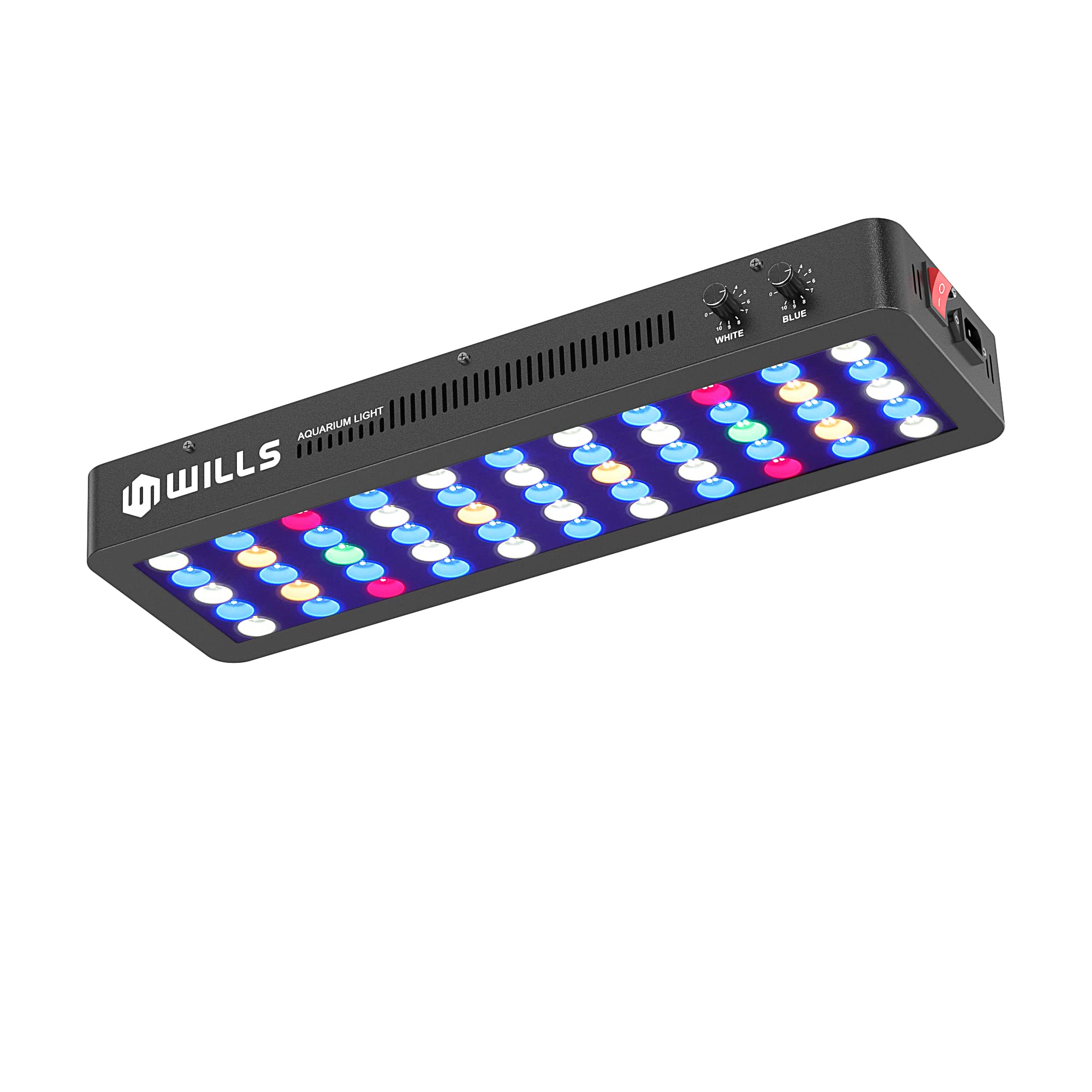 WILLS Full Spectrum Aquarium Light front view shows even coverage for reef tanks.