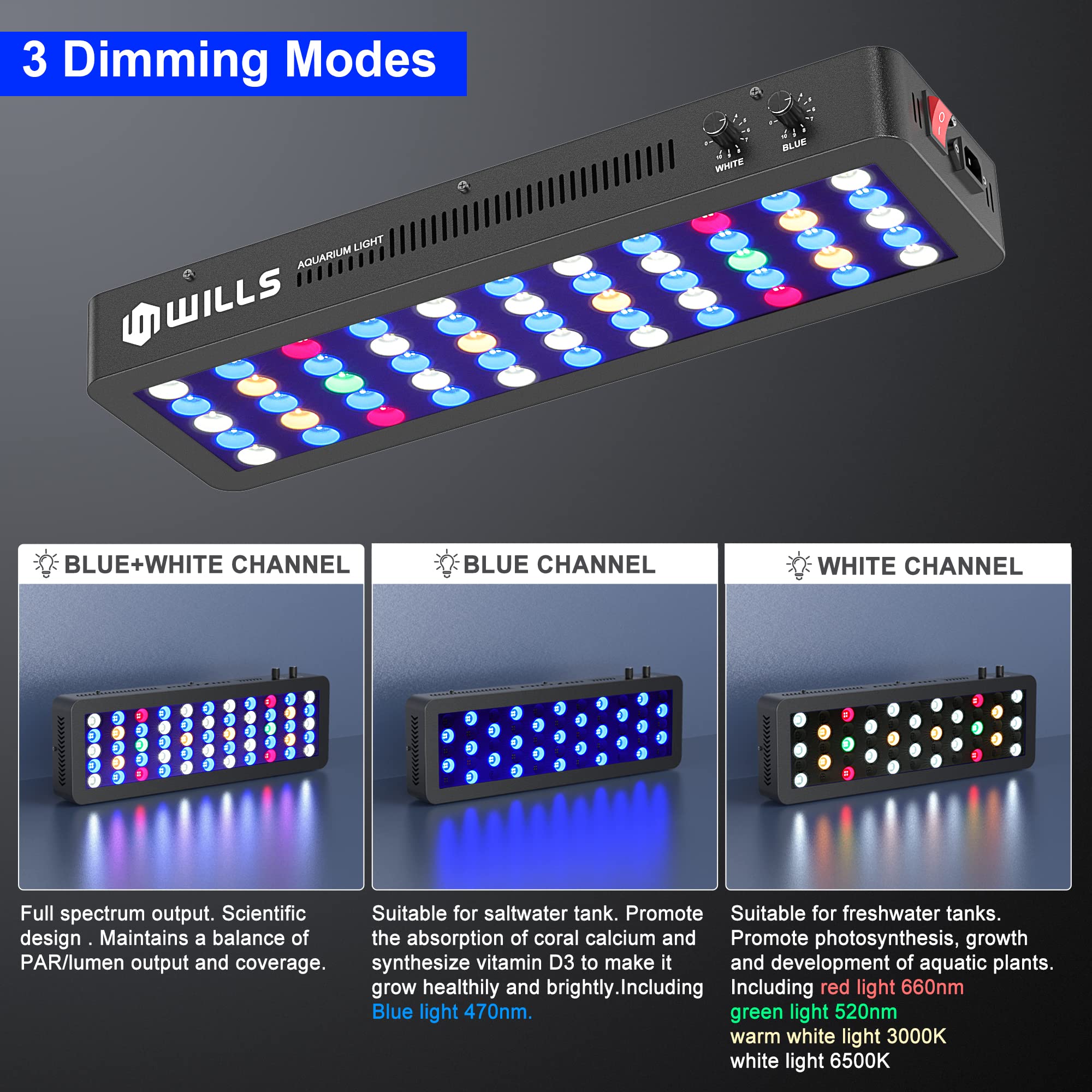 WILLS Full Spectrum Aquarium Light reef illumination highlights vibrant coral coloration across reef tanks.
