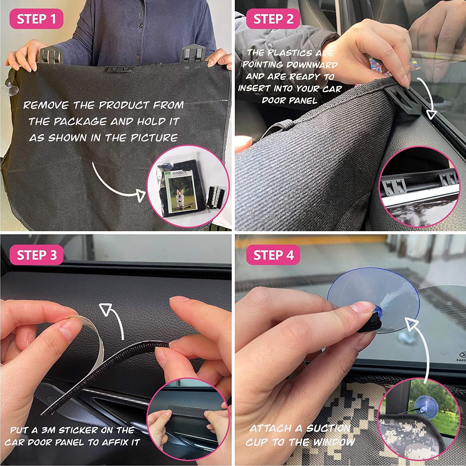 Winbate easy installation steps show quick securement in seconds.