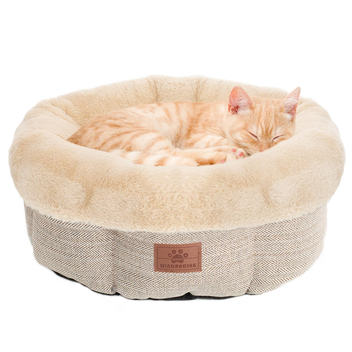 WINDRACING cat bed with round soft surface delivers warm comfort for indoor cats during nap time.