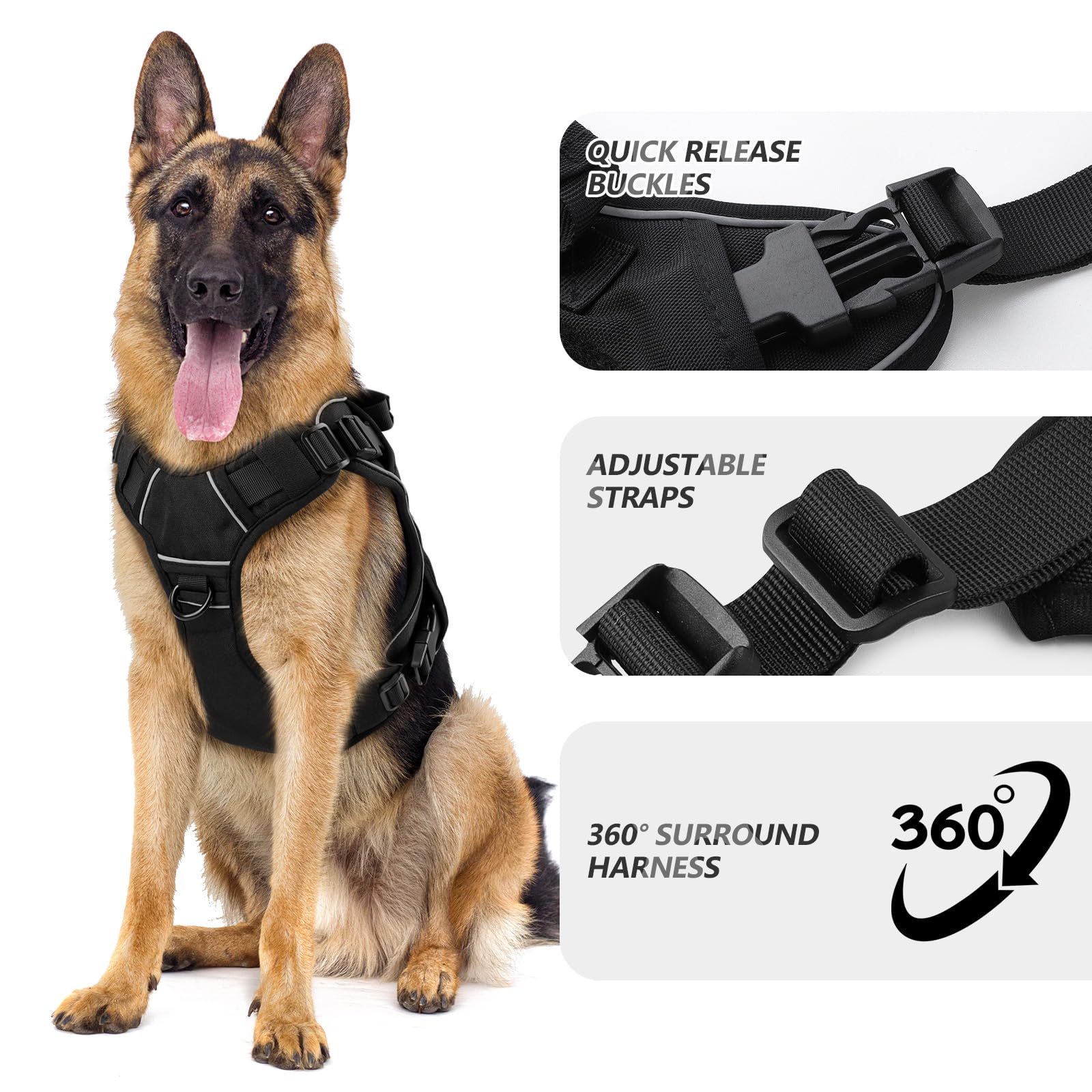 WINGOIN Black Tactical Dog Harness close-up of quick-release buckles for easy on-off.