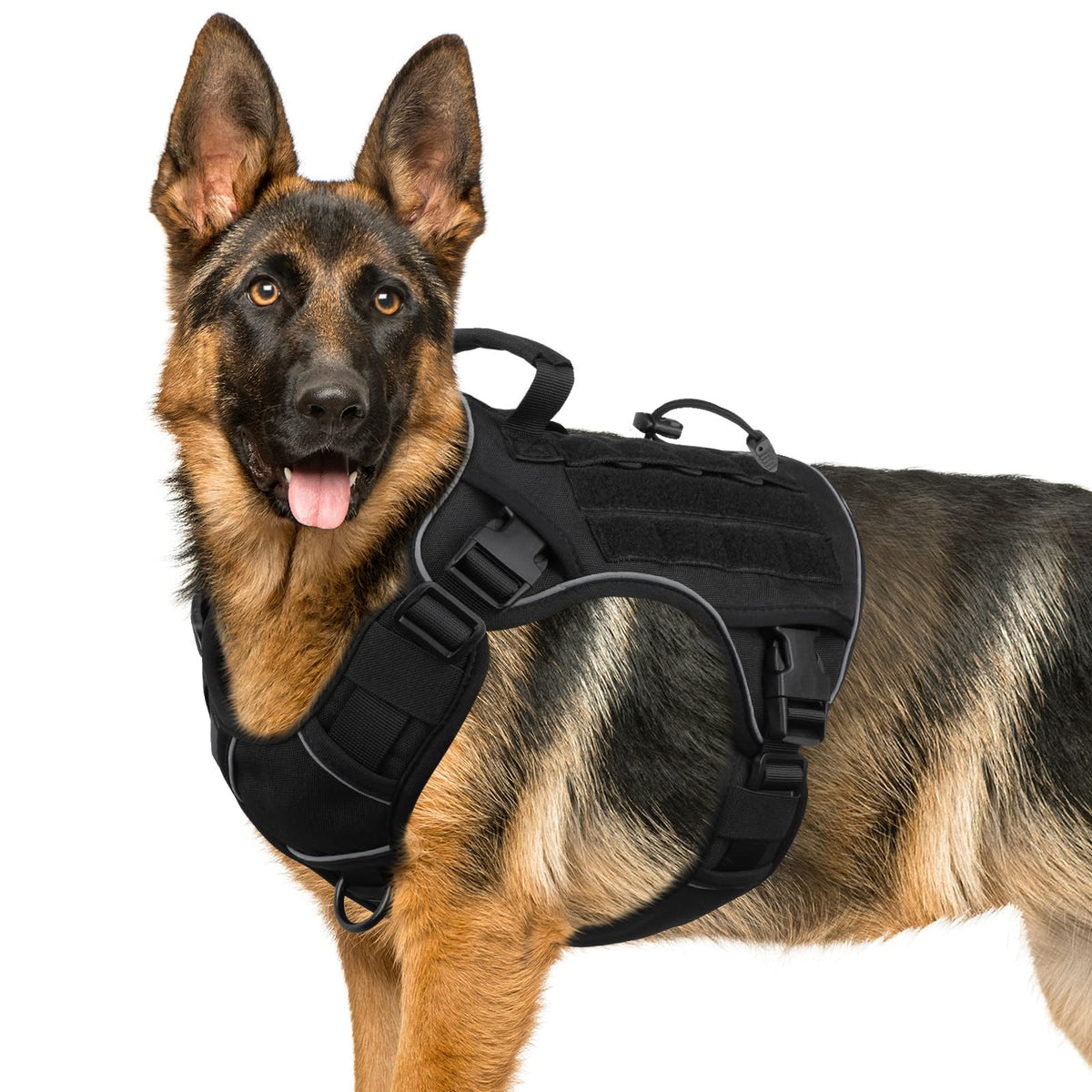 WINGOIN Black Tactical Dog Harness front view for secure large-dog hiking