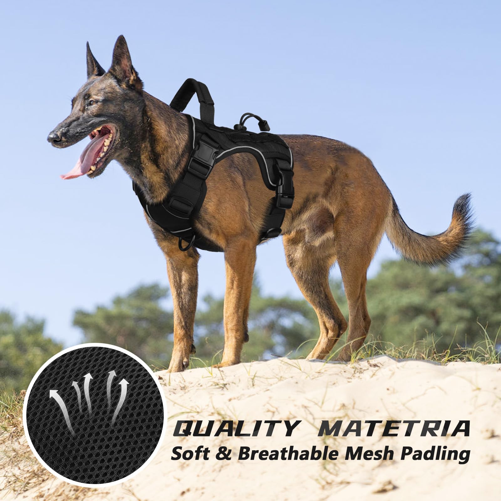 WINGOIN Black Tactical Dog Harness made with nylon and mesh for durability and breathability.