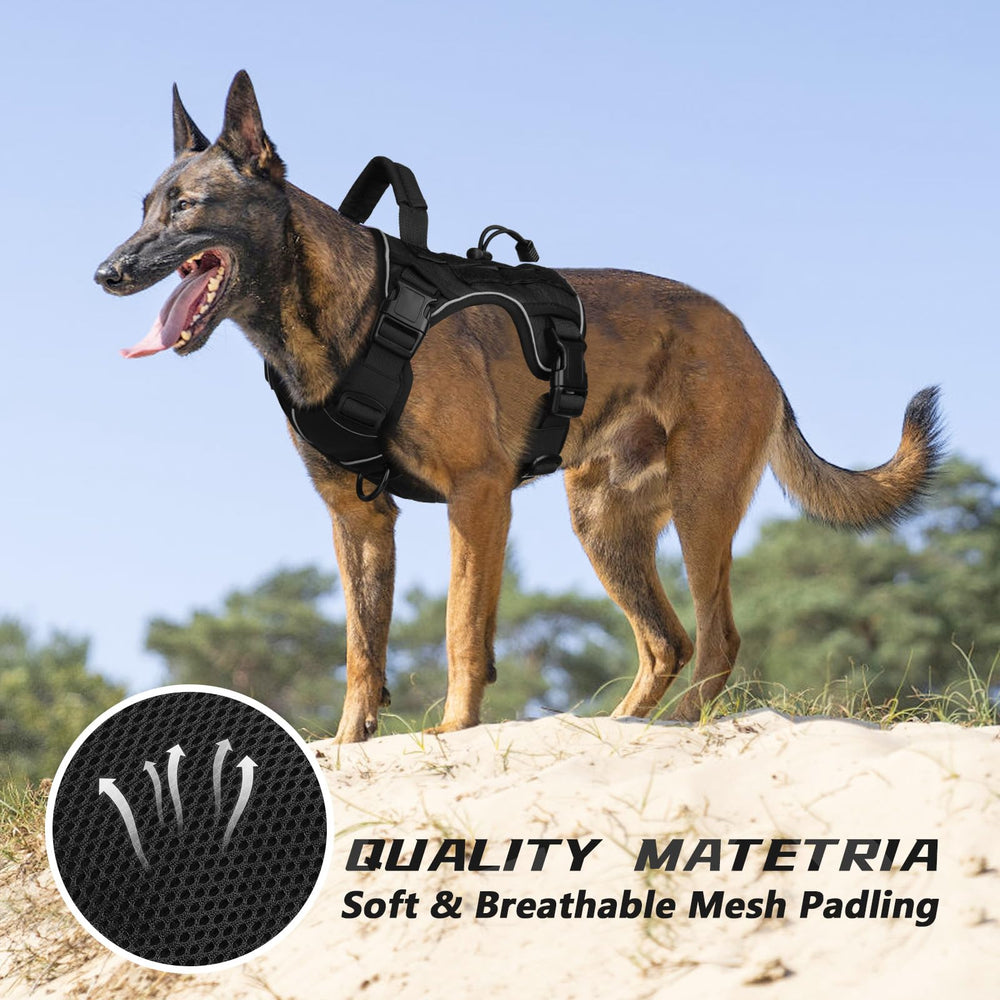 WINGOIN Black Tactical Dog Harness made with nylon and mesh for durability and breathability.