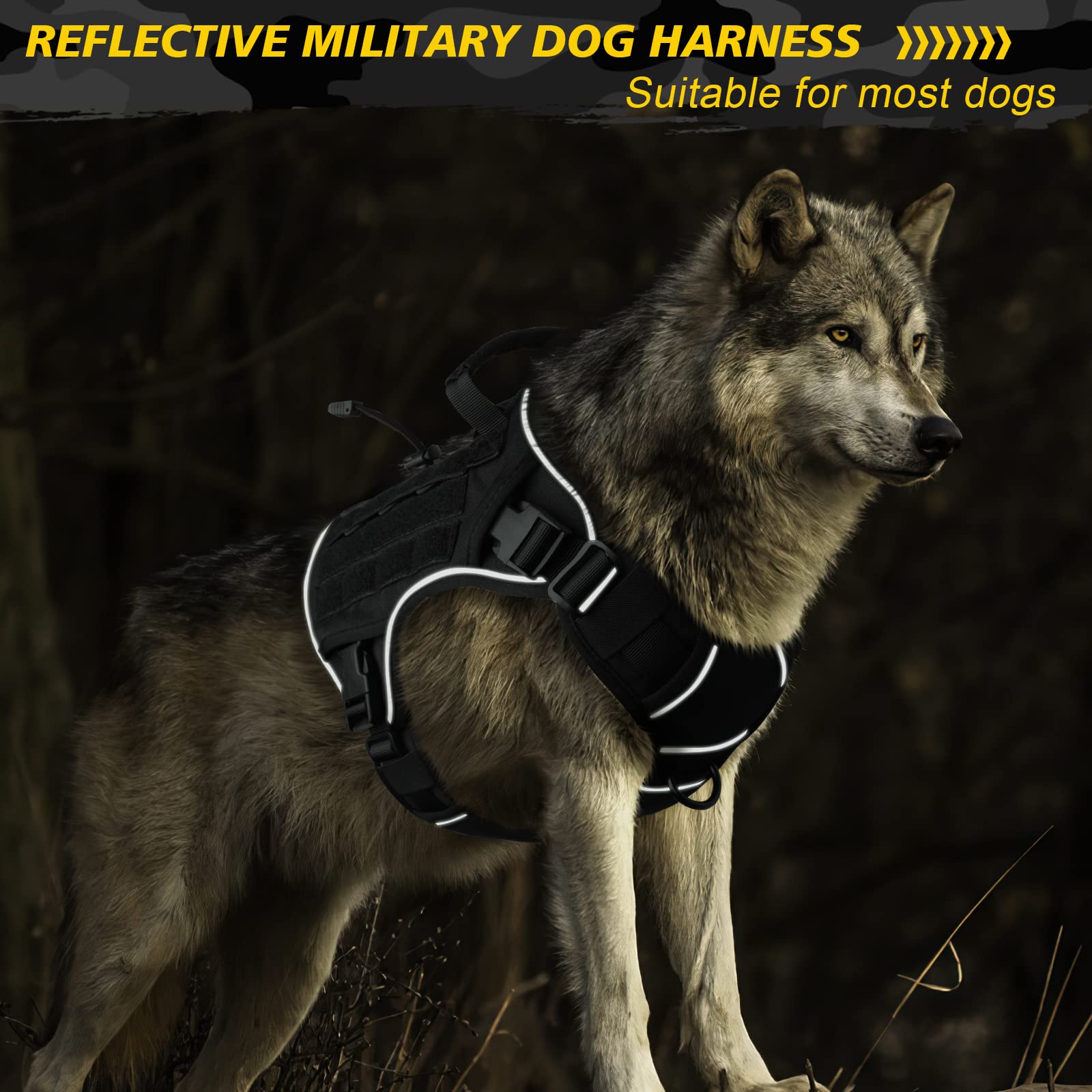 WINGOIN Black Tactical Dog Harness side view demonstrates easy side-entry design for quick wearing
