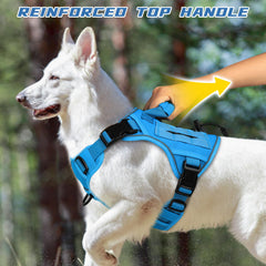 WINGOIN Blue tactical dog harness handle closeup emphasizes control during training.