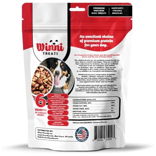 Winni Treats: paquete de 3.75 oz de corazones pollo liofilizados, ideal para premiar en casa.