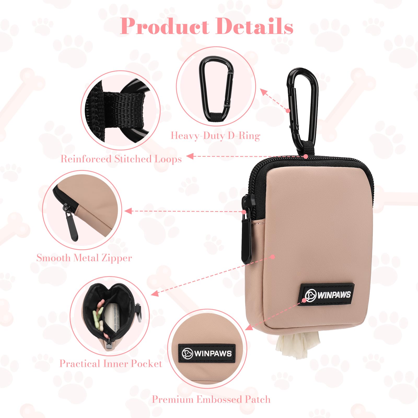 WINPAWS dog treat pouch coffee waterproof nylon close-up highlights durability
