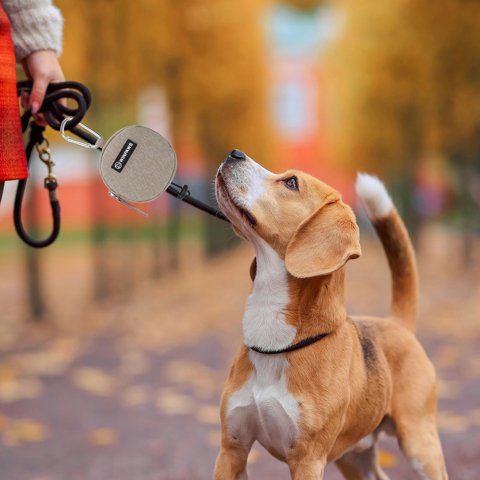 WINPAWS khaki pouch pairs with leash or gear for travel