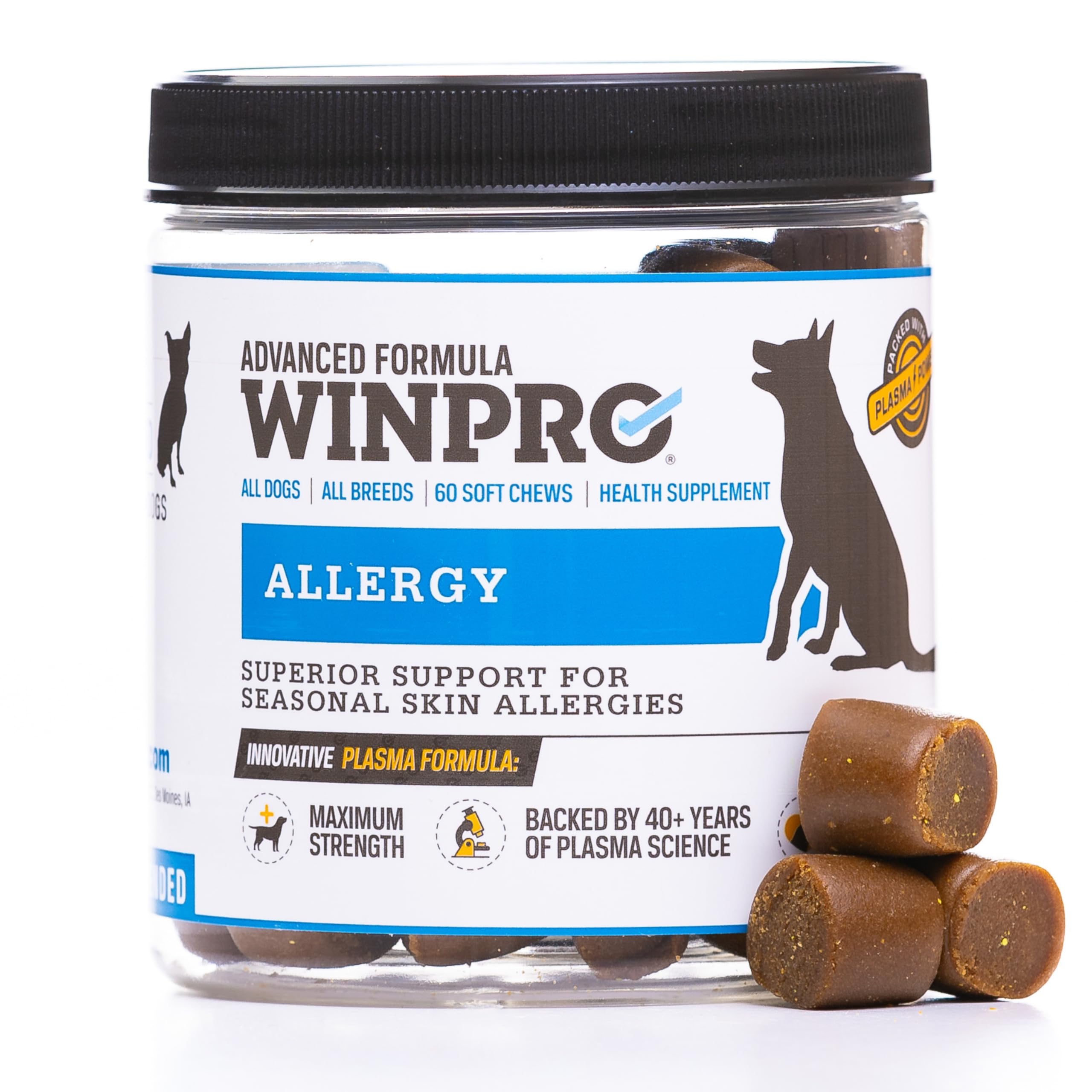 WINPRO Allergy Chews bottle close-up highlighting soft chews for seasonal allergy support