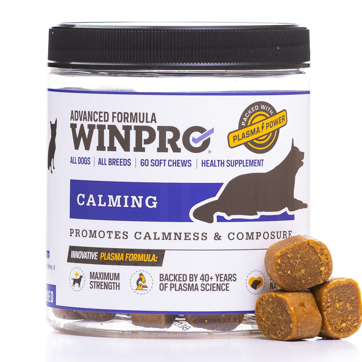 WINPRO Calming Chews bottle canister for dogs promotes easy daily use.
