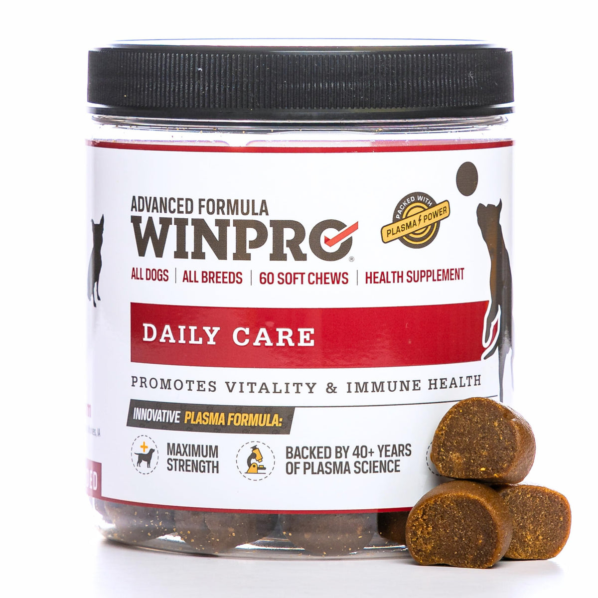 WINPRO Daily Care canister front view, grain-free immune-support chew for dogs.