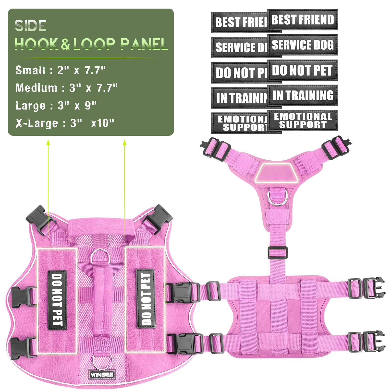 WINSEE service dog patches on vest highlighting training status