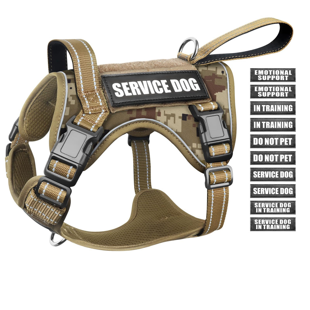 WINSEE tactical dog harness showing four quick-release buckles for easy on/off during walks
