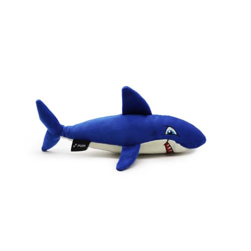 WiPet plush shark toy blue with reinforced stitching provides durable chewing for tough chewers.