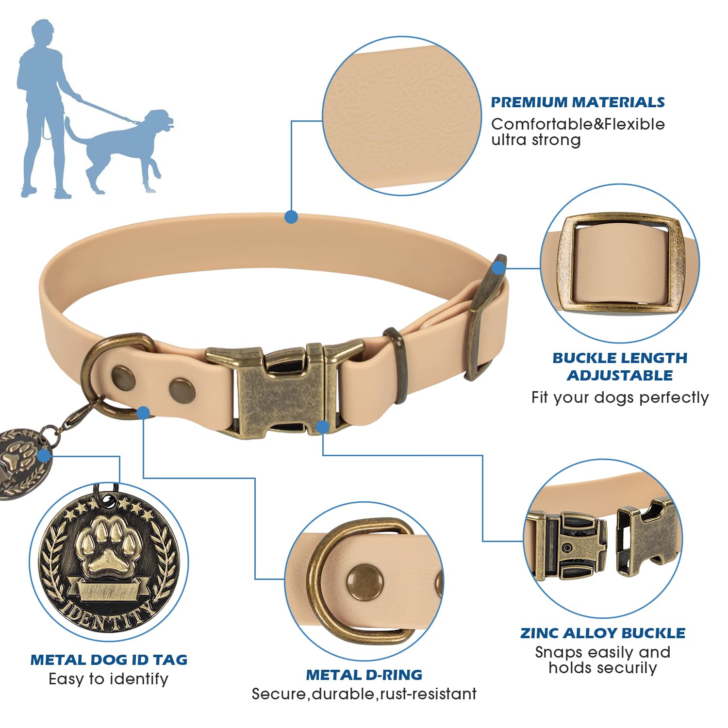 Wisedog brass buckle closeup showing rust-resistant hardware on collar