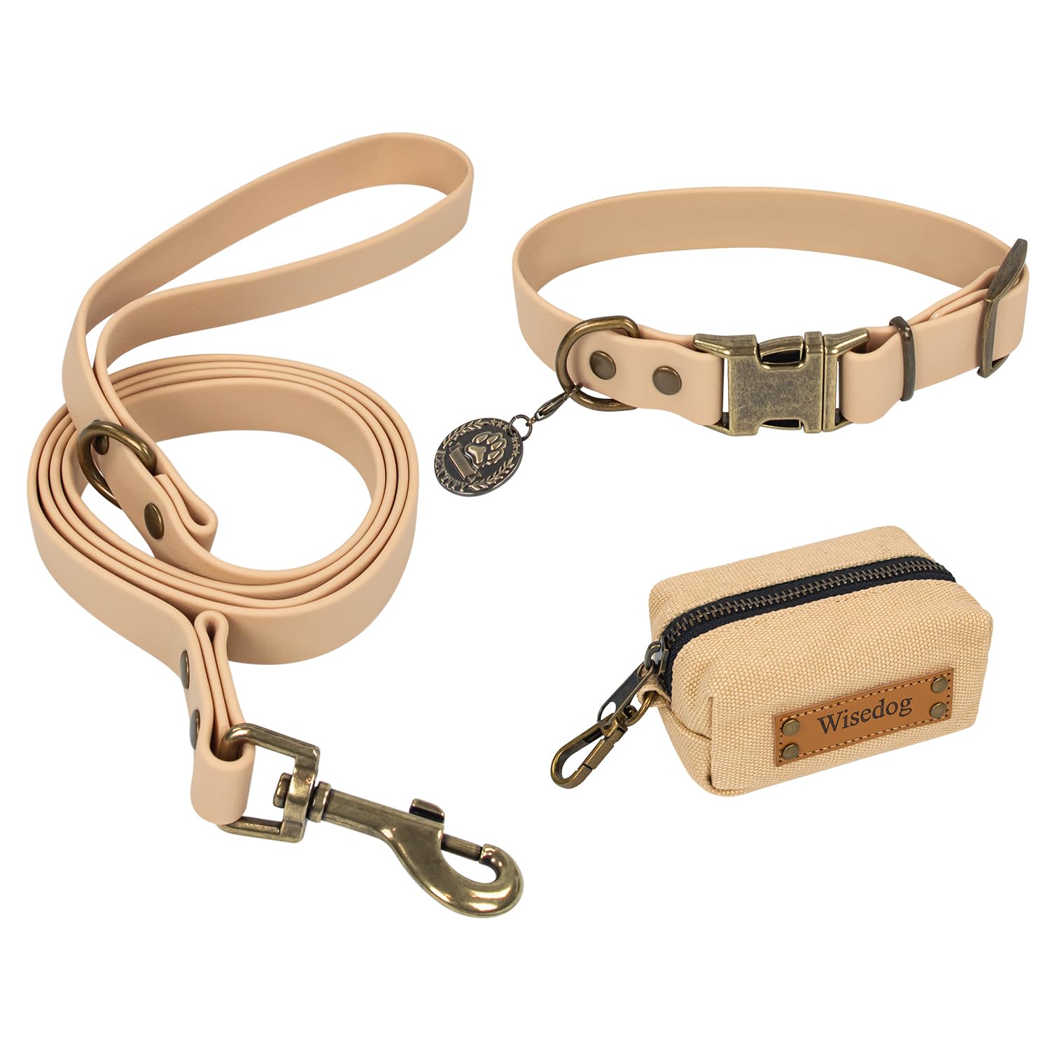 Wisedog collar-leash set in sand color on dog during a comfortable daily walk