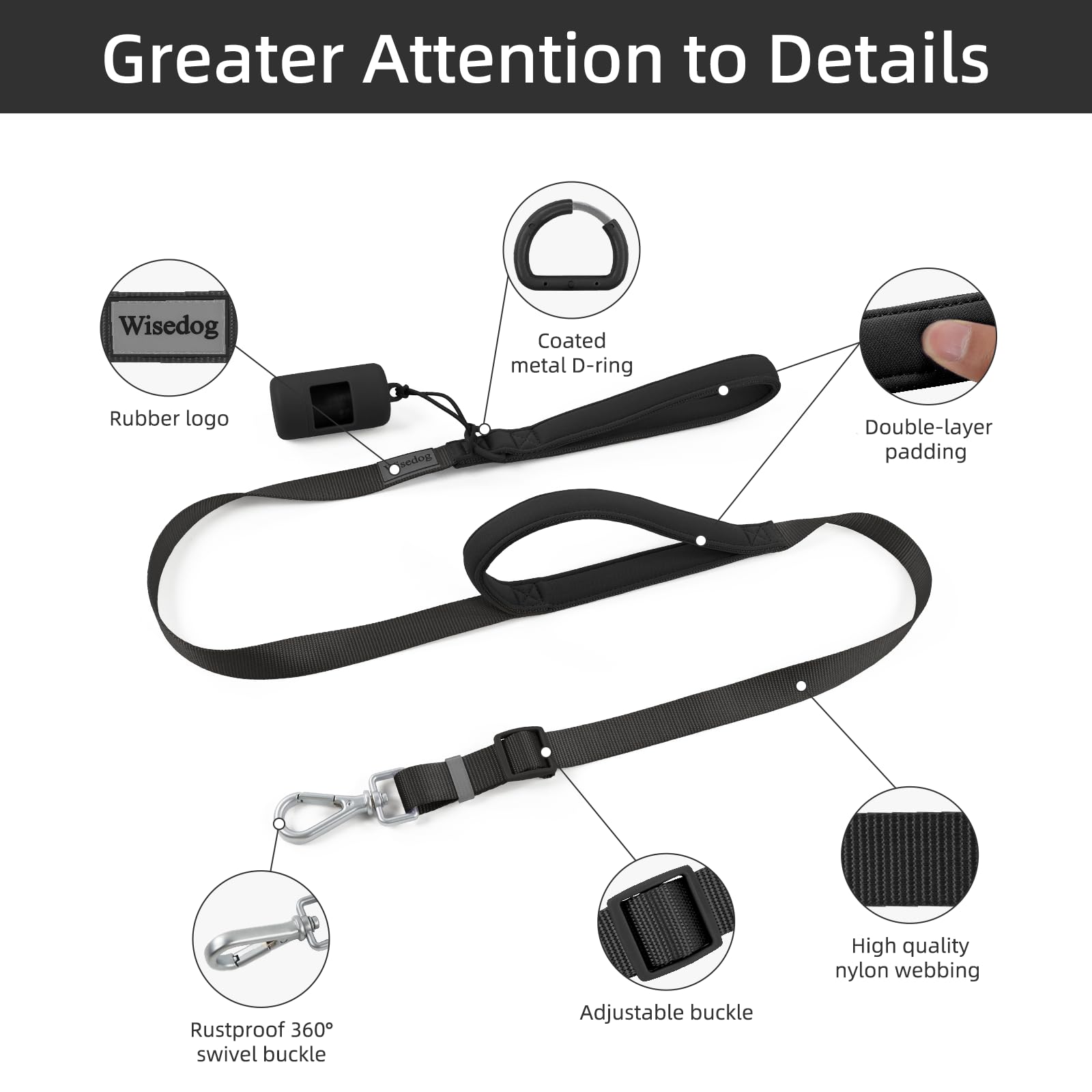 Wisedog heavy-duty dog leash built to withstand strong pulls and daily use.
