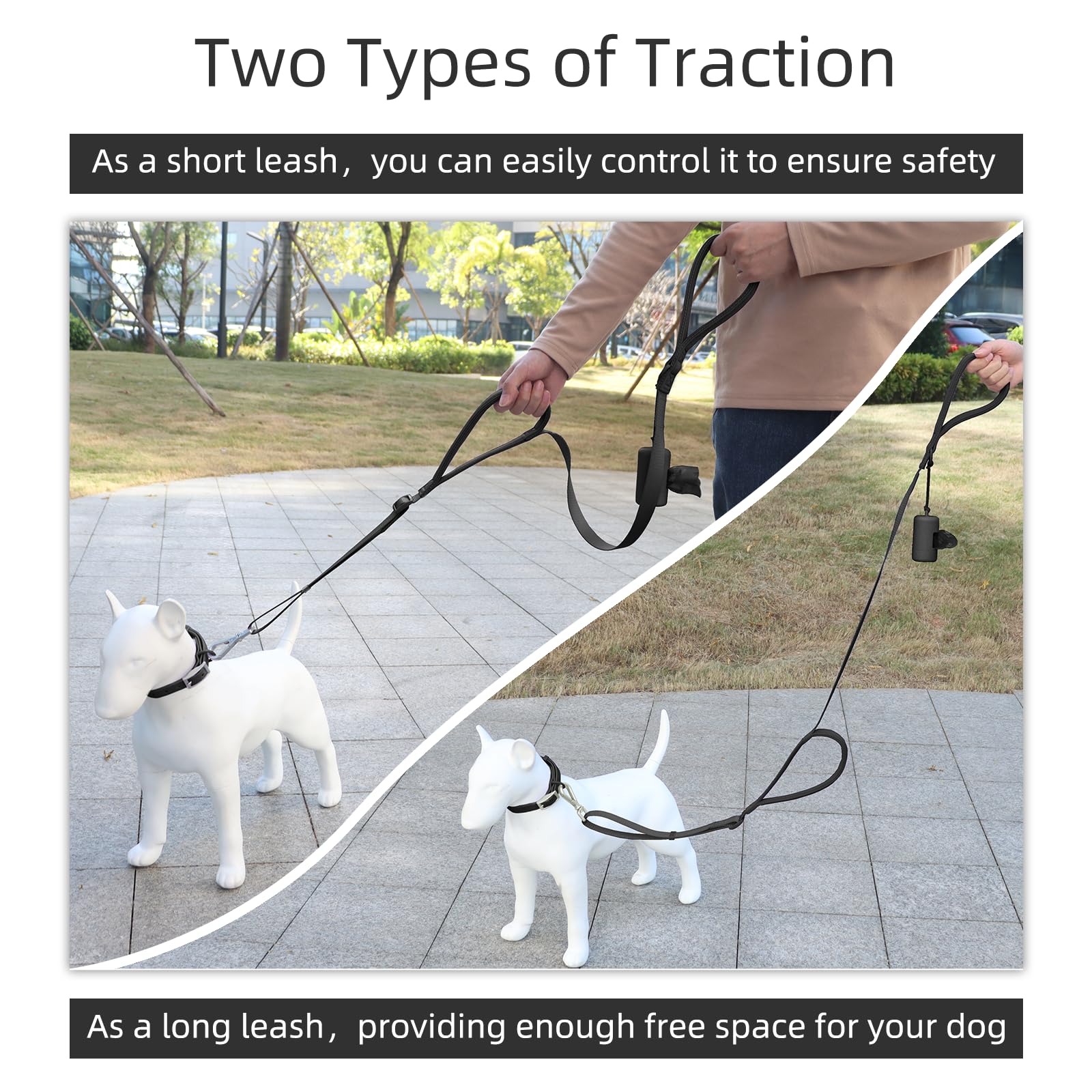 Wisedog leash with built-in poop bag holder for easy cleanups during outings.