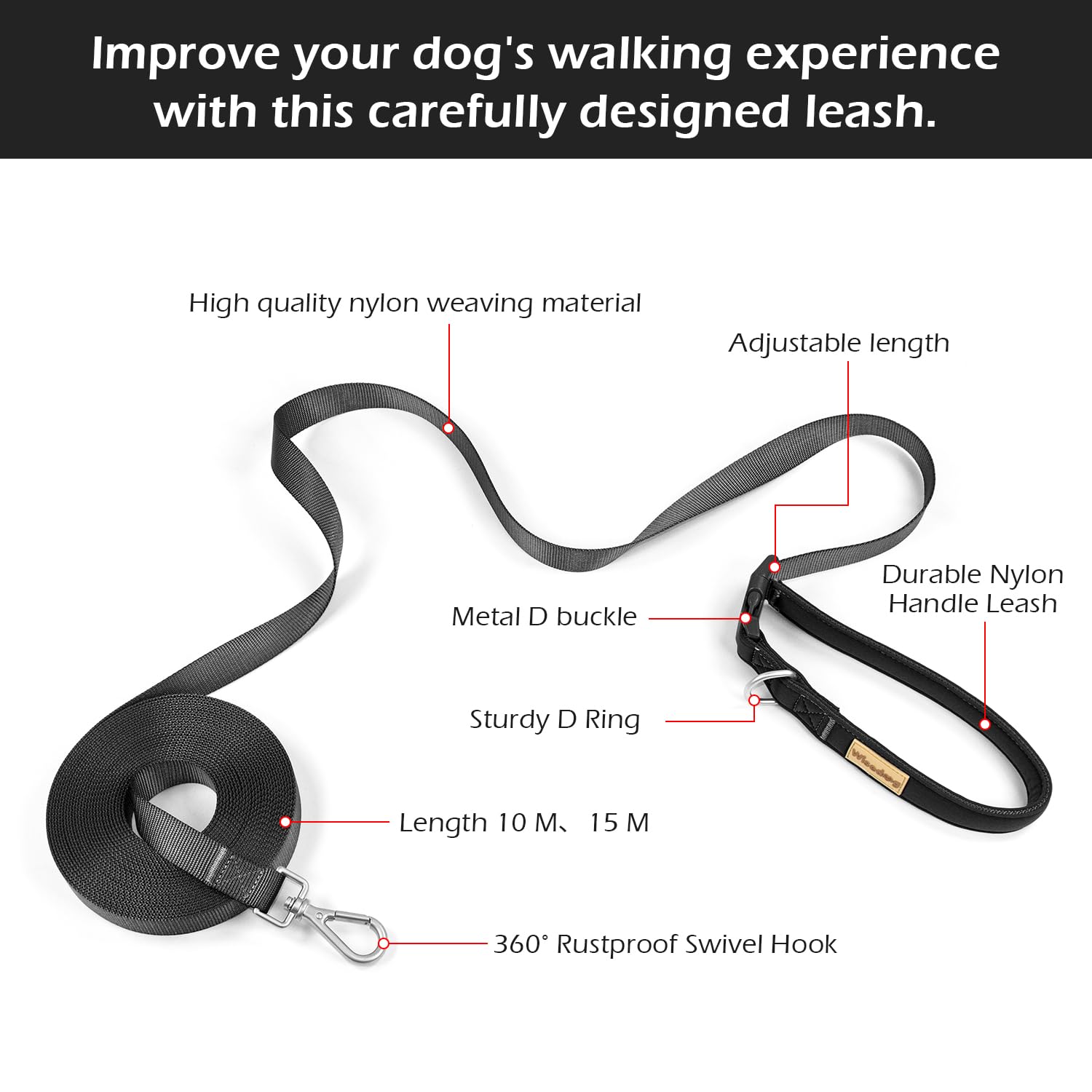 Wisedog long leash adjustable length tailors slack for different activities.