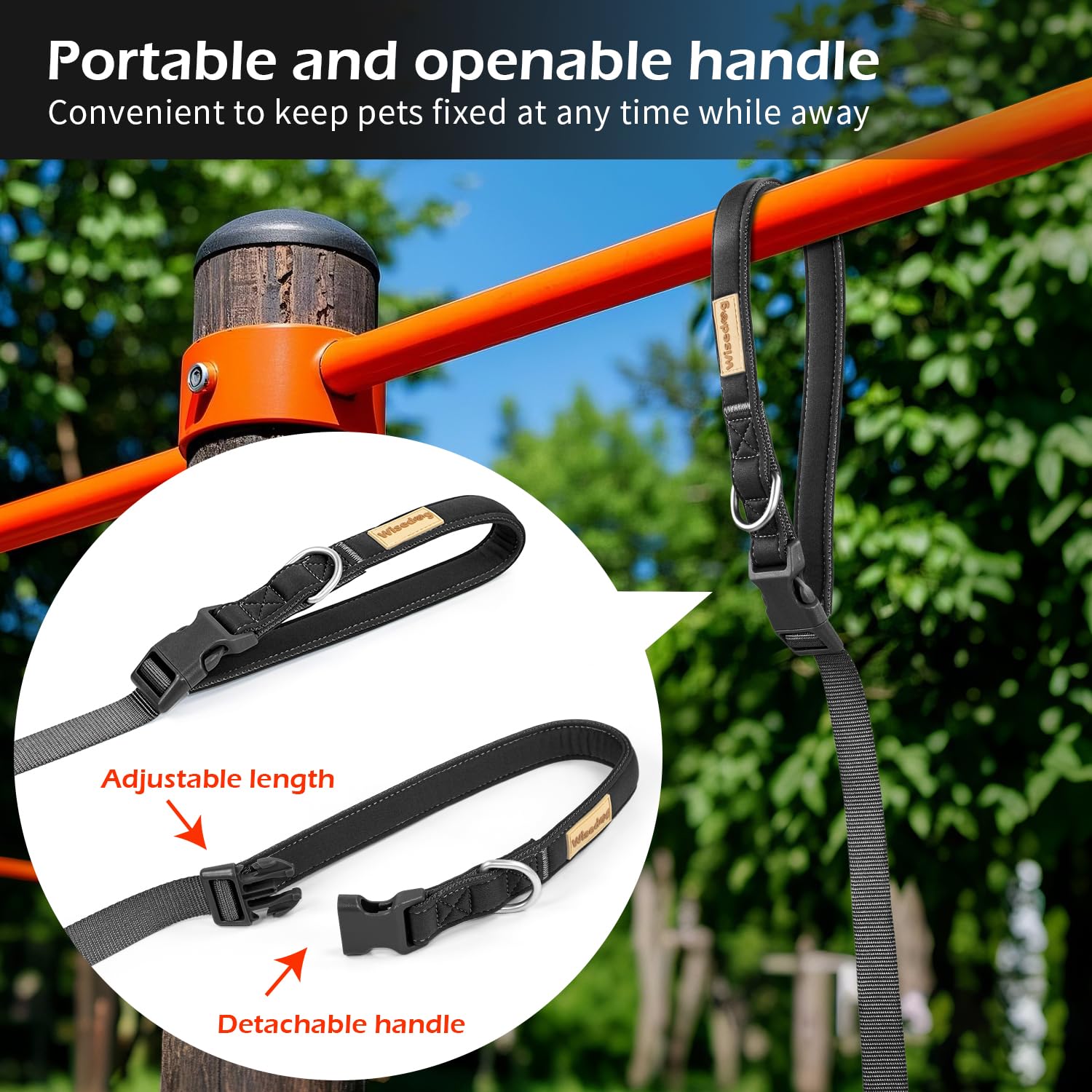Wisedog long leash option with shoulder strap for hands-free hiking.