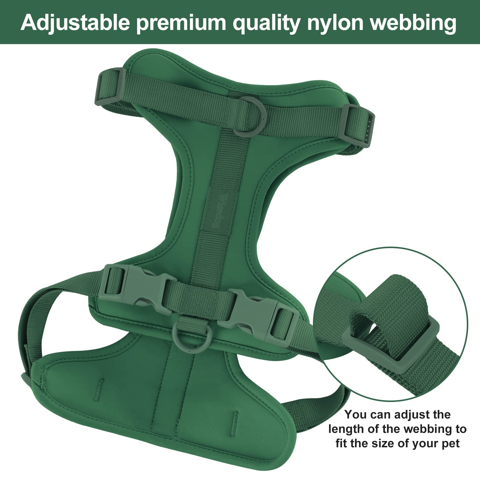 Wisedog No Pull Harness adjustable-webbing close-up shows easy neck and chest fit