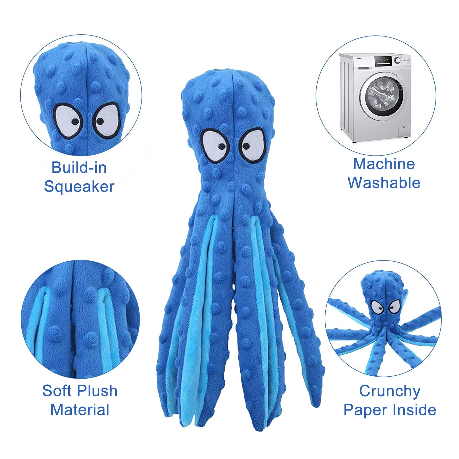 WishLotus Octopus Dog Toy blue crinkle-tentacles for rich textures during fetch and chew