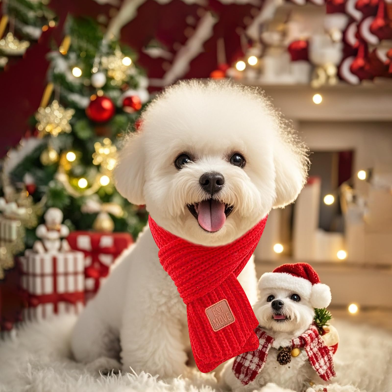 Wiz BBQT red Christmas dog scarf on a dog, bold holiday look for photos.