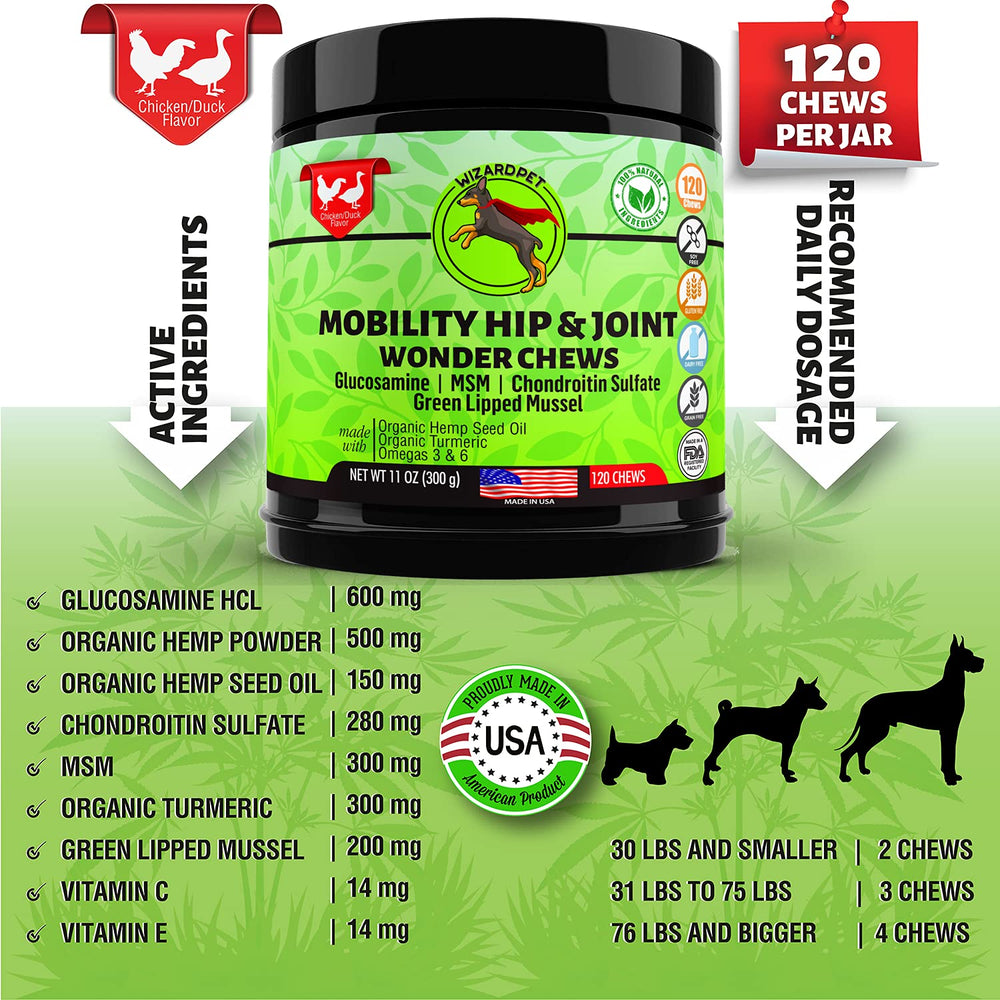 WizardPet Advanced Hip Joint Chews closeup highlights joint-supporting ingredients