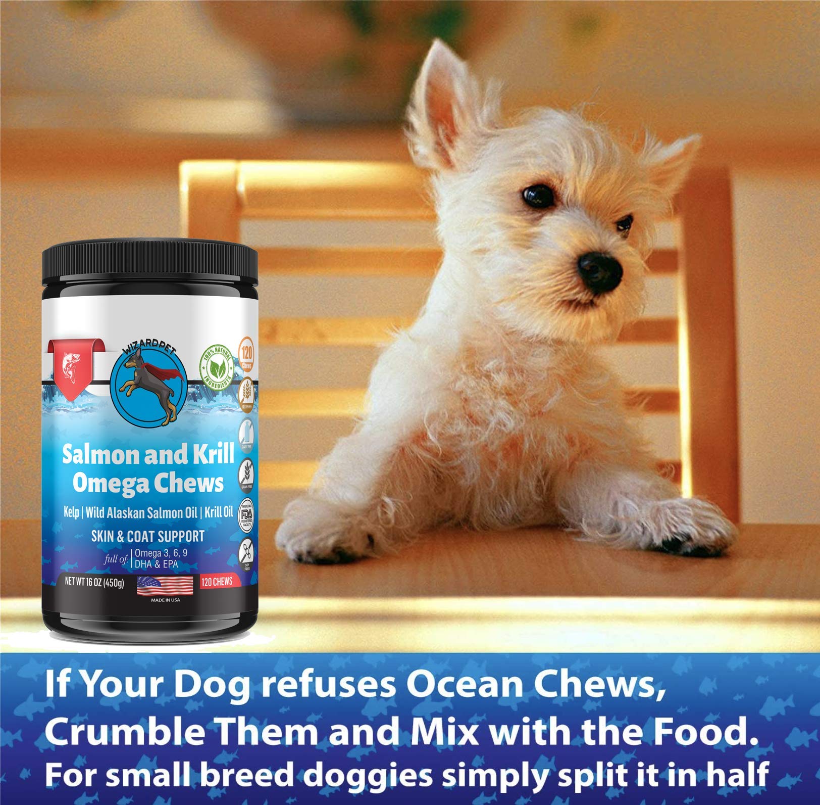 WizardPet ingredients label emphasizing gluten-free, grain-free, soy-free, dairy-free formula