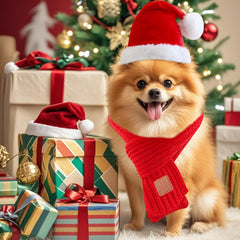 Wiz BBQT dog Christmas scarf wrapped neatly for warm winter celebrations