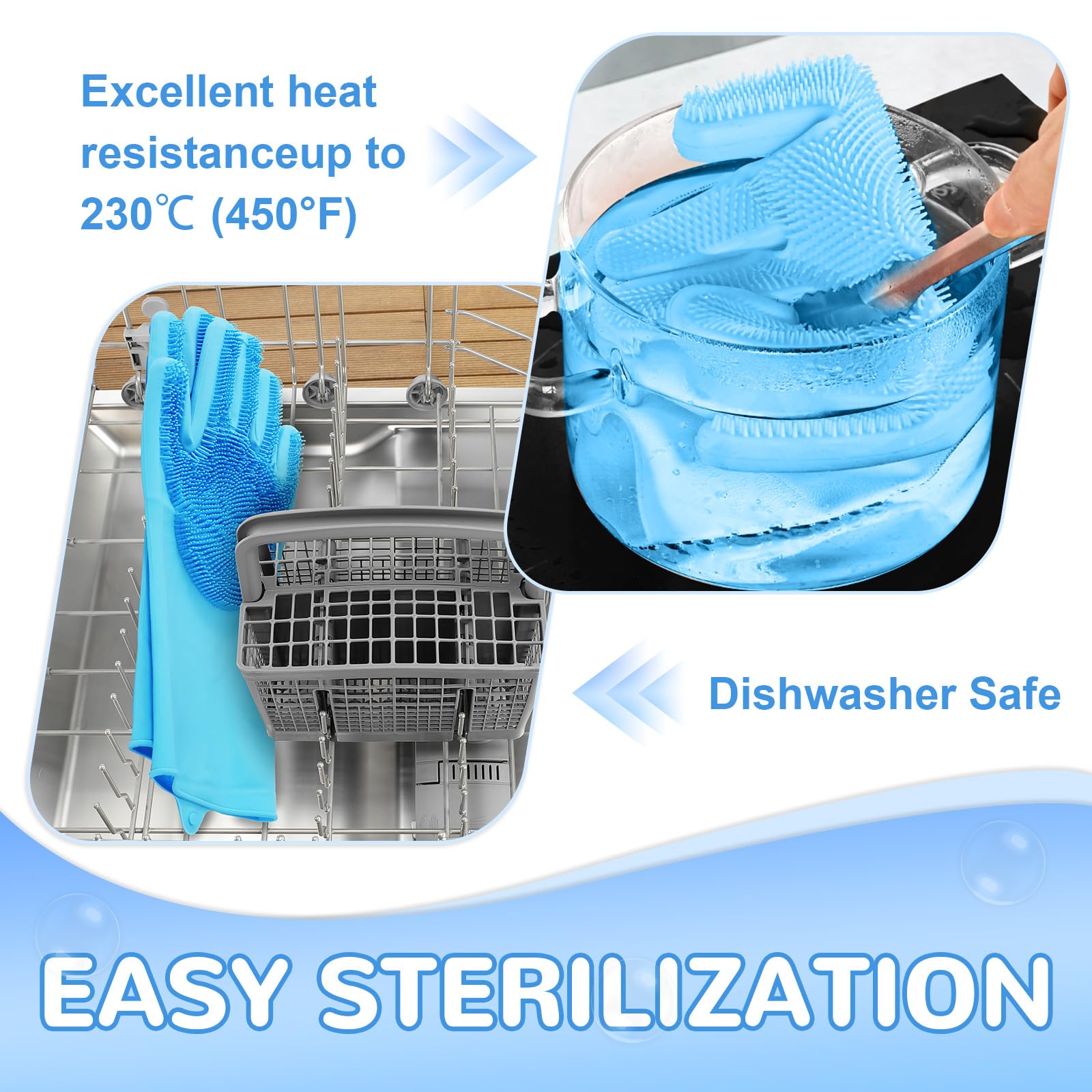 WJWJA Pet Grooming Gloves heat resistant up to 450°F during cleaning.